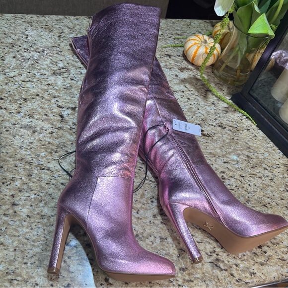 Brian Atwood x Express Bubble Metallic Over The Knee Heeled Boots 9 - Picture 3 of 16